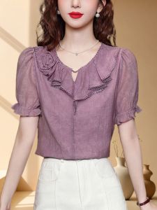 เสื้อเชิ้ตไหมแขนสั้นผู้หญิงฤดูร้อน 2024 แบรนด์ไฮเอนด์ เสื้อเชิ้ตไหมไหมพรม ทรงหลวม สไตล์เรียบง่าย คอเปิดครึ่งตัว