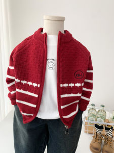 Áo Len Cardigan Dệt Kim Màu Đỏ Thời Trang Cho Bé Trai Áo Khoác Ngoài Có Khóa Kéo Áo Khoác Ngoài Mùa Đông Cho Trẻ Em