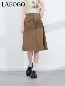 Lagogo Retro Coffee Colored Pure Cotton High Waist A-Line Mini Skirt for Women Summer New Arrival Elegant Office Workwear