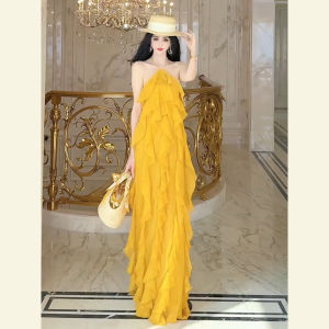 SHANGSHA | Autumn Holiday Elegant Yellow Halter Dress