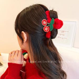 กิ๊บติดผมสีแดงปีใหม่ ทรงครึ่งหัว ทรงฉลาม ตกแต่งผมแบบสวม กิ๊บติดผมสุดเก๋สำหรับผู้หญิง วัสดุอื่นๆ สไตล์หวาน