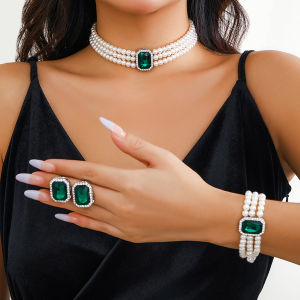 3Pcs/Set Goth Womens Multilayer Imitation Pearl Jewelry Set with Chain Necklace Bracelet And Stud Earrings for Wedding Bridal