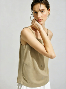 AMII | Summer New Leisure Style Ruffled Shoulder Metal Decor Tank Top Cotton & Linen