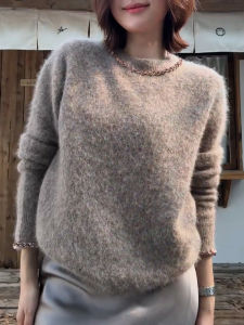 QINGNAER | French Luxury Heavywork Beaded Round Neck Oversized Womens Knitted Sweater