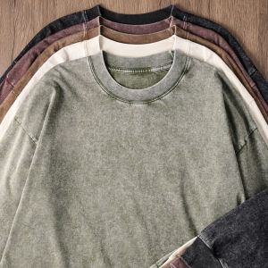 Retro European Style Mens Long Sleeve T-Shirt Washed Distressed Loose Fit Autumn Wear Pure Cotton High Street Trend Top