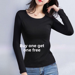 ผ้าขนแกะ เรียงราย สลิมฟิต คอกลมแขนยาวกันความร้อน เสื้อท่อนบน หนาขึ้น เสื้อชั้นฐาน ผู้หญิง ฤดูใบไม้ร่วง ฤดูหนาว อุ่น เสื้อยืดชุดชั้นใน
