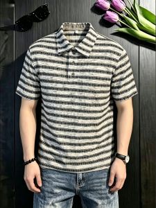 OUMULONG | Classic Elegance Knit Stripe Short Sleeve T-Shirt