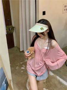 Grace_Chili 2366# เสื้อยืดแขนยาว ผ้าบางชายโค้งสไตล์ขี้เกียจ คอกลมแต่งกระตุมหน้า