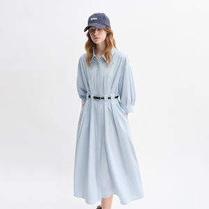 DUSHU | Vertical Stripe Pleated Design Slimming Womens Plus Size Shirt Dress