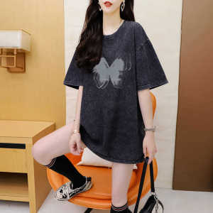 Summer Washed Black Distressed Print Short Sleeve T-Shirt Womens Fashion Loose Casual Chic Top Korean Retro Cotton round Neck