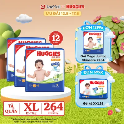 [12-17.08 GIẢM THÊM 90K] Combo 3 Gói Tã/bỉm quần HUGGIES SKINCARE MEGA JUMBO size XL84+4 miếng
