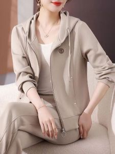 QIAOXIZI | Fashionable Casual Middle-aged Womens Sportswear Set for Spring and Autumn Season Oversized Hooded Jacket Two-piece Set