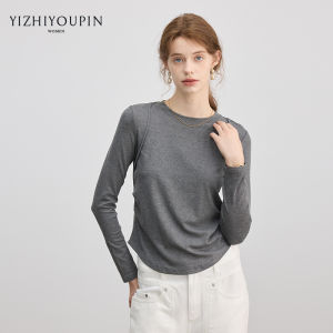 Design Sense Round Neck Pleated Slim Long Sleeve T-shirt