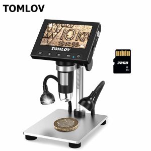 TOMLOV DM4S Coin Microscope 1000X 32GB 4.3" LCD Digital Microscope with LED Side Lights Metal Stand PC View Photo/Video Microscope for Kids Adults