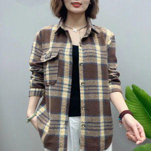 Fashion Long Sleeve Ladieswear Plaid Shirt for Women 2023 Autumn New All-Matching Loose Slimming Retro Woolen Coat