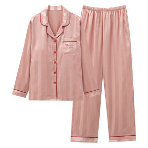 MiiOW | ชุดนอนผ้าไหมน้ำแข็งสำหรับผู้หญิง แขนยาว กางเกงขายาว ลายทาง ชุดนอนฤดูร้อน ชุดอยู่บ้าน ผ้าฝ้ายระบายอากาศได้ดี ทรงหลวม แขนยาว คอกลม