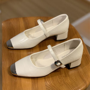 Silver Low Heel Single Shoes French Style Mary Janes Womens Footwear Fashionable Buckle Design Casual Spring Autumn Wear