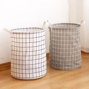 ถังเก็บของเล่นตะกร้าสำหรับเสื้อผ้าสกปรกในครัวเรือนฝ้ายลินินผ้าตาหมากรุกตะกร้าสำหรับเสื้อผ้าสกปรกที่เก็บของกันน้ำพับได้ขนาดใหญ่