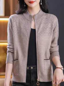 Spring Autumn Womens Knitted Short Loose Cardigan Collar Zipped Outerwear Cashmere Sweater Fashionable Commute Style Long Sleeve