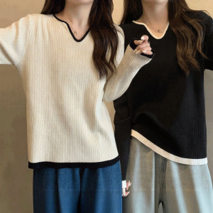 Lieoyuarn | Double-Sided Dralon Warm Top V-Neck Color Block Long Sleeve Autumn Winter