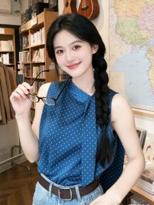 chaqi | Elegant Polka Dot Peacock Blue Halter Tie-up Blouse Women