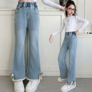 Girls Denim Jeans Spring Autumn New Style Elastic Flared Pants Childrens Lace Trim Trendy Kids Wide Leg Pants Loose Fit