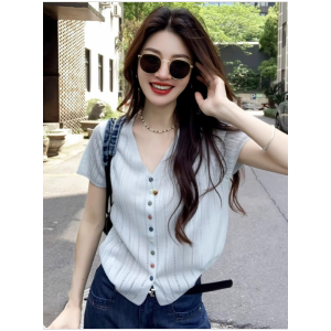 HUOLISI | New Style Short Sleeve Ice Silk Thin V-neck Hollow Knit Top