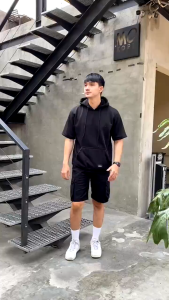 Sweater Hoodie Lengan Pendek Pria Hitam - Short Hoodie Fleece Steigen - Jumper Tangan Pendek Tebal