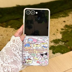 Sanrio | Cute Cartoon Sanrio Cinnamoroll Magnetic Stand Phone Case For Samsung Z Flip 7 6 5 4 Flip Folded Shockproof Cover With Chain