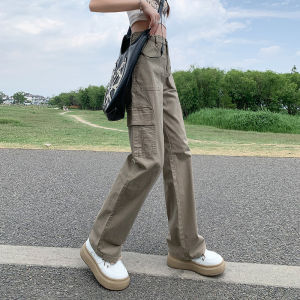 High Waist Womens Cargo Pants Multi Pockets Casual Straight Leg Long Jeans Visual Height Increasing Cotton Polyester Blend