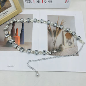 สร้อยเอวคริสตัลปมพันธุ์มุกสำหรับผู้หญิง โซ่เอวแบบใหม่ สายรัดเอวแบบหลากหลาย สายรัดเอวโลหะเคลือบเงินแบบบาง ฤดูใบไม้ผลิและฤดูร้อน