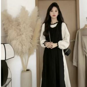 ชุดเดรสสีดำสไตล์ฝรั่งเศสสำหรับผู้หญิงในช่วงต้นฤดูใบไม้ร่วง ชุดกระโปรงทรงเอเอวสูง แขนยาว สไตล์เกาหลี