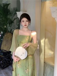 GUZILIAN | ชุดเดรสยาวแขนกุดพิมพ์ลายสไตล์จีนย้อนยุคสำหรับผู้หญิง ชุดสองชิ้น ปกเปิด แขนยาว ผ้าฝ้ายผสมโพลีเอสเตอร์