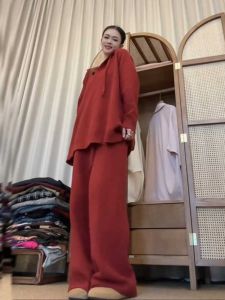 plus Size Hooded Knitwear Loose Wide Leg Pants Fashionable Two Piece Set Conceal Fluffy Meat Slimming Long Style from China