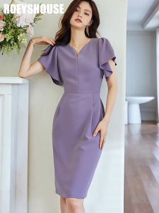 Đầm liền thân tím pastel cổ V thanh lịch tay cánh tiên dịu dàng cho nàng nữ tính