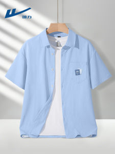 Warrior Ice Silk Short Sleeve Shirt for Men Blue Fashionable Urban Style Summer New Arrival Polo Collar Regular Fit Button down