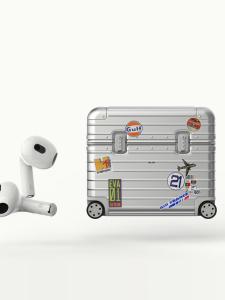 Miak Silver Metal Feeling Luggage Case Airpods pro 2 Shell Noise Reduction Travel Bag Wheel Design High Grade Soft Cover Anti-Fall Trendy Brand