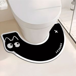 VIKAMA Lazy Black Cat U-Shaped Floor Mat Cute Kitten Print Non-Slip Rug Soft Toilet Seat Mat for Bathroom Home Decor