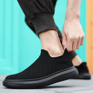 Mens Summer Mesh Sports Shoes Thick Bottom Black Anti-Odor Casual Travel Slip-On Large Size Tourist Shoes Breathable Low Top