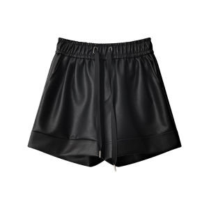 Black PU Leather Shorts Womens Spring Autumn High Waist Wide Leg Casual Pants Thinming Loose Comfortable Commute Style