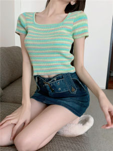 Áo Len Dệt Kim Sọc Cổ Vuông Tay Ngắn Dáng Ôm WeMe Phong Cách Hàn Quốc Thời Trang Thường Ngày Đa Năng Cho Nữ Mùa Hè 2022