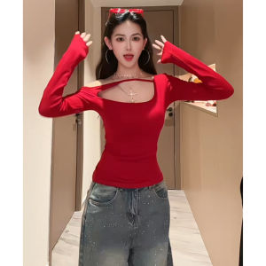 YUEZHONGWEI | French One Shoulder Hollow Out Red Long Sleeve T-Shirt