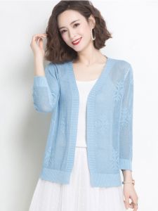 Womens Ice Silk Knitted Open Cardigan Summer Short Thin Hollow out Outerwear Small Shawl Sun Protection Coat Air Conditioning Shirt