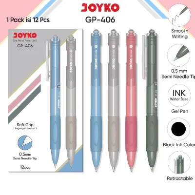 JOYKO GP-406 12 Pack Pulpen Gel 0.5mm Atribut: Tulisan Halus Ujung Semi Jarum Basis Air Warna Hitam Retractable Penggunaan: Menulis Catatan Sketsa