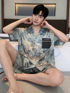 Mens Summer Sleepwear Ice Silk Short Sleeve Shorts Home Clothes Set Large Size Polyester Fiber Comfortable Breathable
