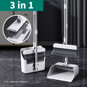 3 in 1 Foldable Floor Scrub Brush Broom and Dustpan Set Broom Set Cleaning Supplies Upright Dust Pan Combo for Home Kitchen Office Lobby Floor Indoor Outdoor Dustpan Broom Set