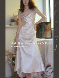 LADY MIAO STUDIO Private Romantic Vintage Gentle Off-White Silk Satin Asymmetrical Hem Dress Waist-Cinched Sleeveless Gown