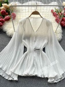 Slimming Bell Sleeve Sun Protection Womens Top V Neck Chiffon Blouse Folded Waist Design Ultra Short Length Fashionable
