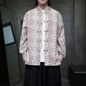 Mens Long Sleeve Tang Costume Shirt Spring Autumn Fashion Urban Loose Fit Cotton Big Size Youth Chinese Style Floral Pattern