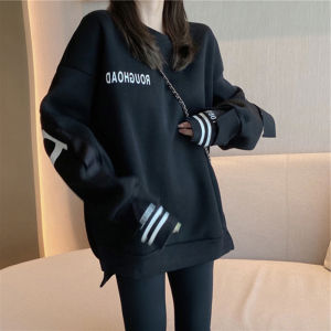 Trendy Black Fleece Lined Loose Fit Womens Sweatshirt Thin Winter round Neck Long Sleeve Sweet Style mid Length Cotton Top